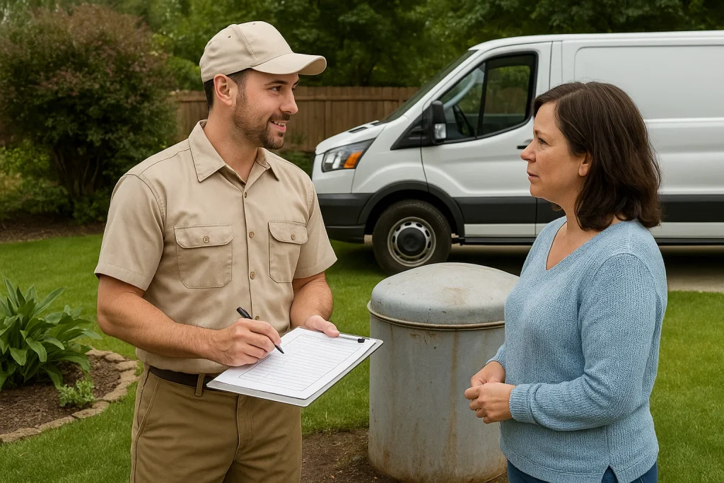 Plumber discussing residential plumbing repair service with a homeowner in front of a work van.
