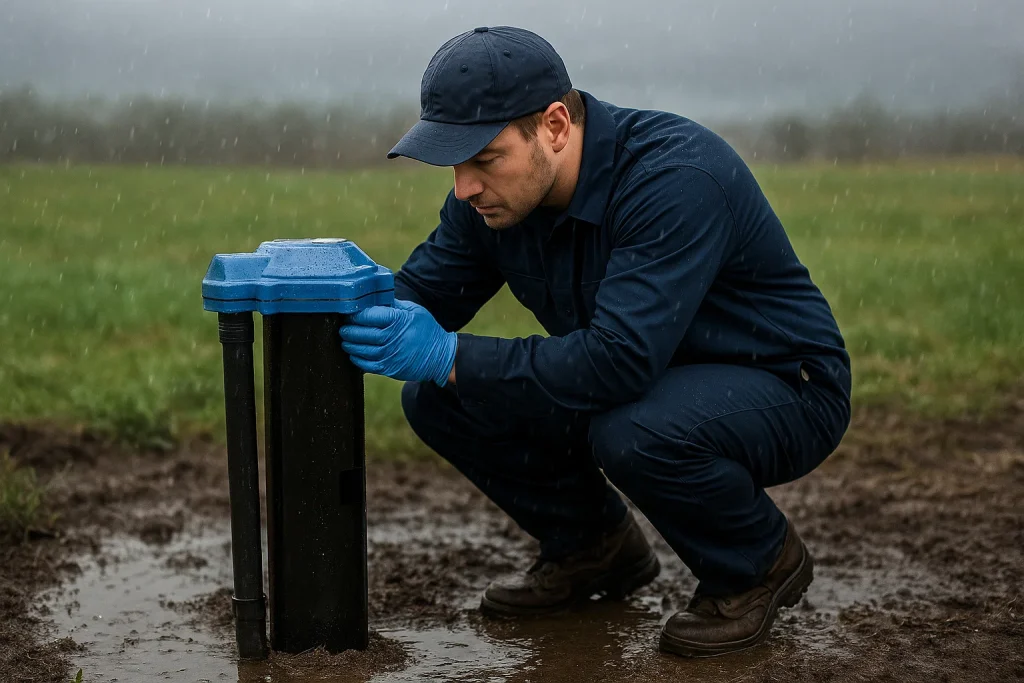 Well installer checking a well head during a rainy day.