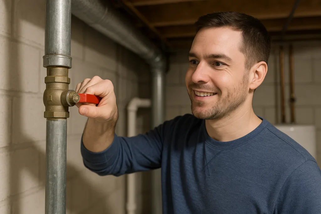 Homeowner shuts off main water supply using ball valve lever in utility room