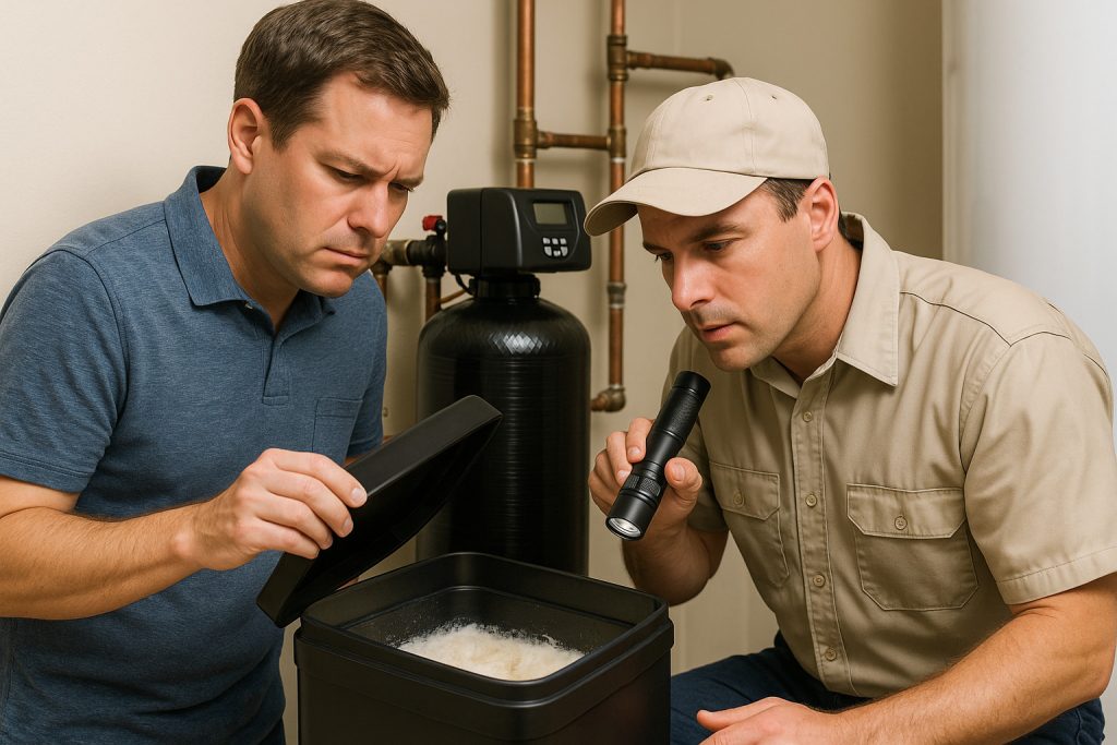 Homeowner and technician inspecting salt buildup inside water softener brine tank