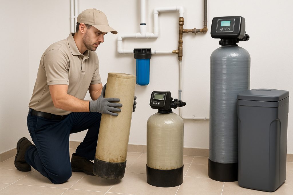 Technician replacing old resin tank with modern water softener system in Lake City home