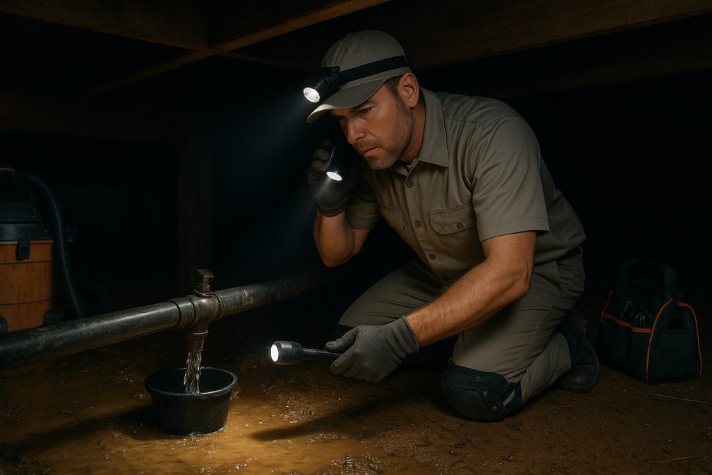 Plumber performing emergency well pipe repair under Lake City home at night