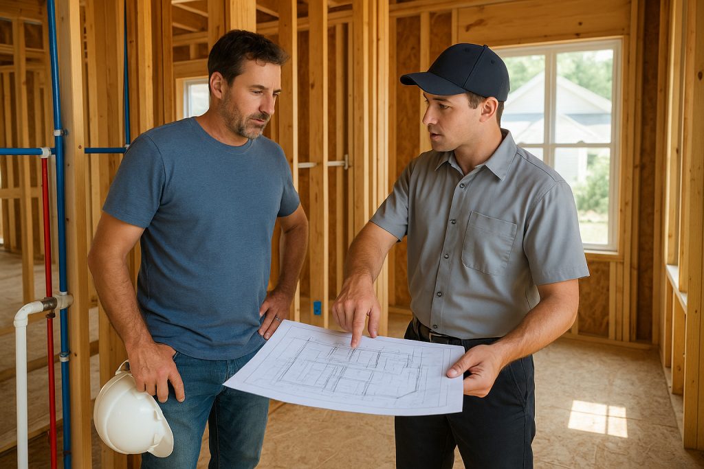 Homeowner and technician reviewing plumbing layout during new installation in Lake City home