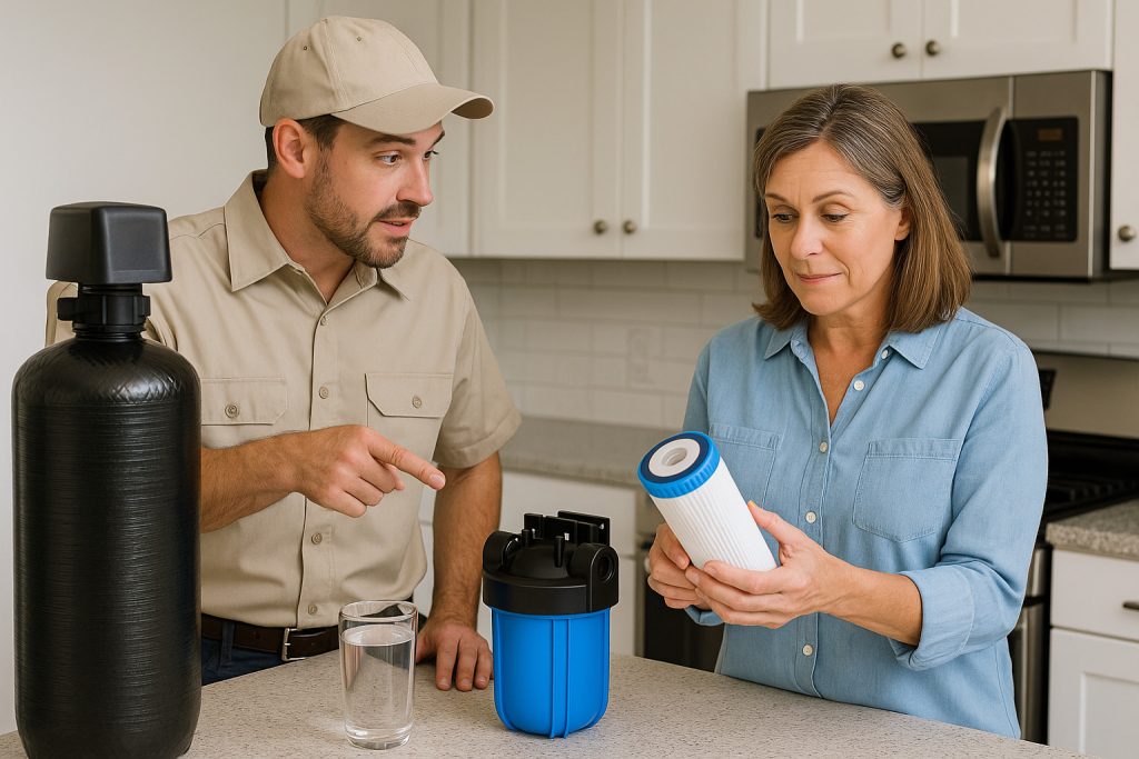 Lake City homeowner learning difference between water softener and filter with technician