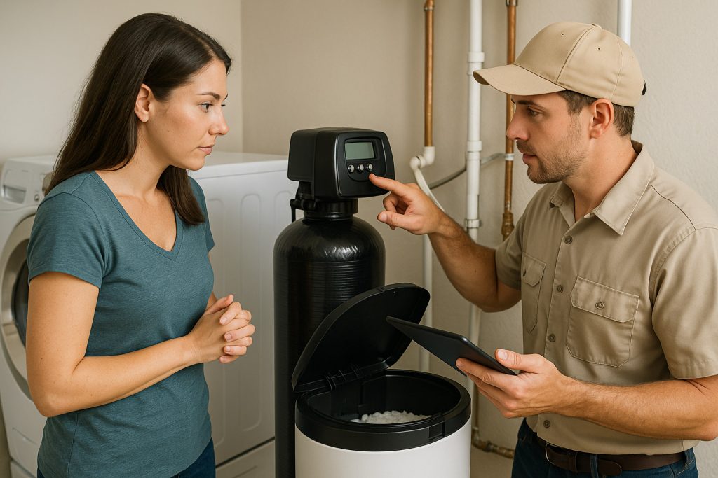 Lake City homeowner consulting technician during water softener repair