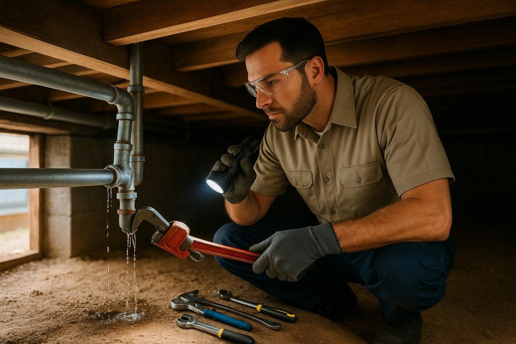 Plumber repairing leaking galvanized pipe in a crawlspace beneath a Lake City home