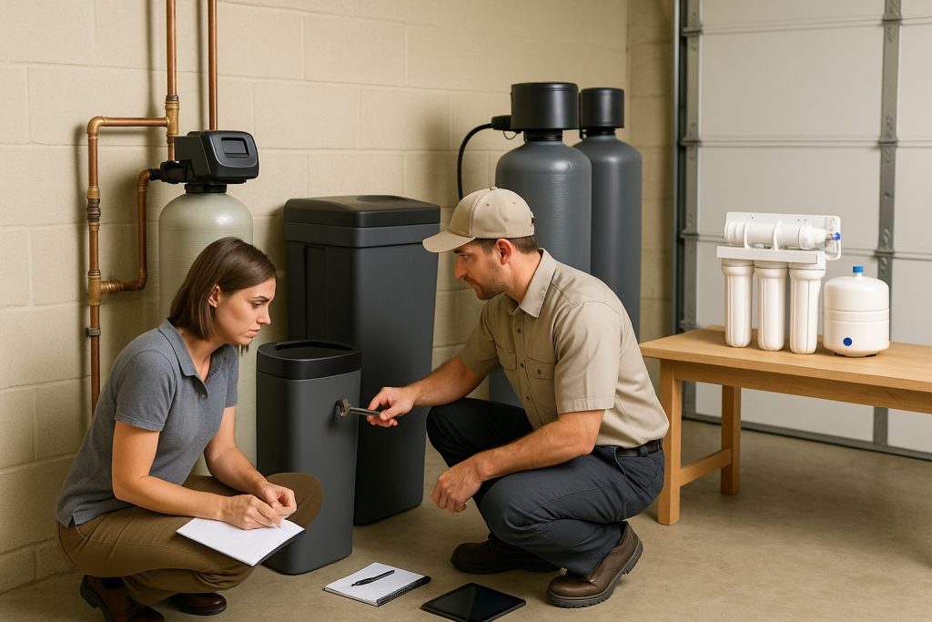 Technician examining different water softener types in Lake City garage utility area