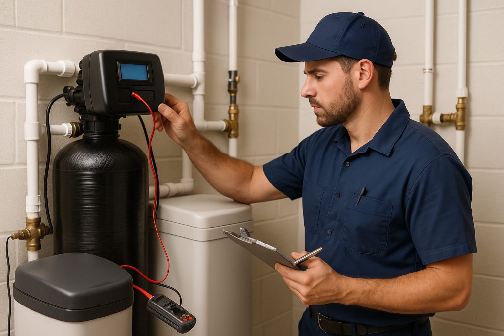 Technician running diagnostics on water softener control panel in Lake City utility room