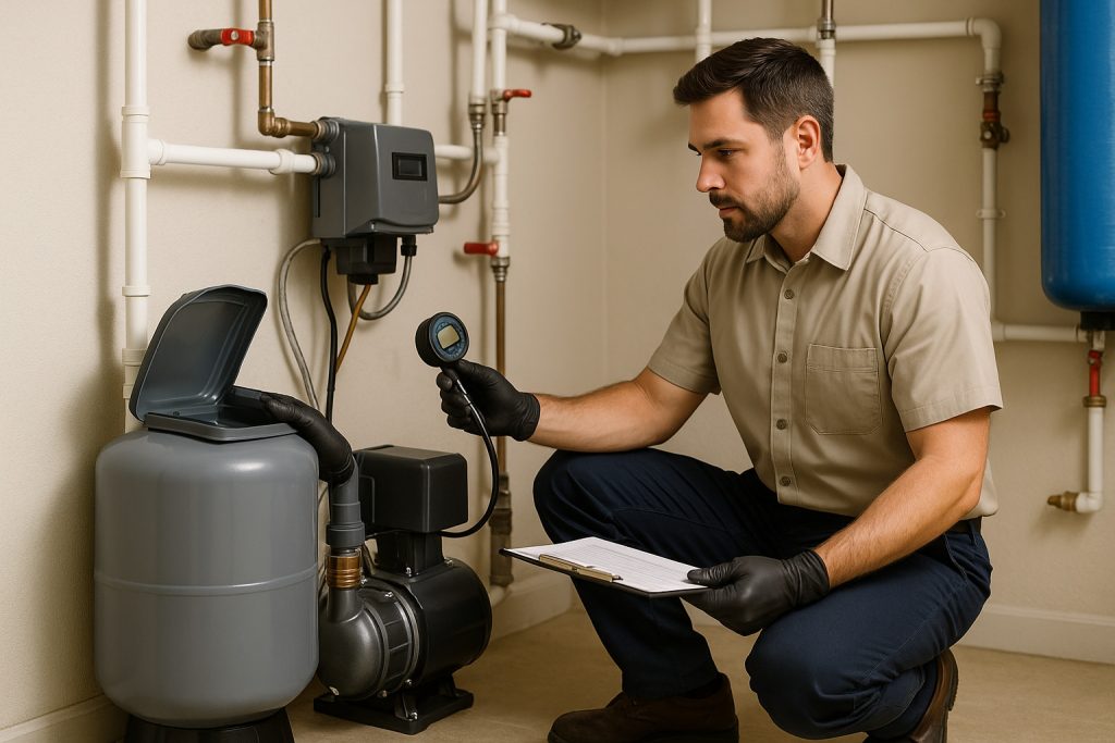 Technician inspecting well pump and pressure system in utility room with clean piping
