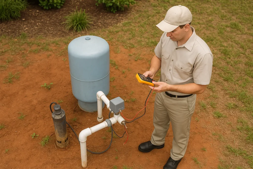 well technician testing aging pump system near pressure tank in Lake City backyard