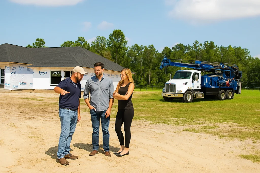 A homeowner couple talking to a well digging technician.