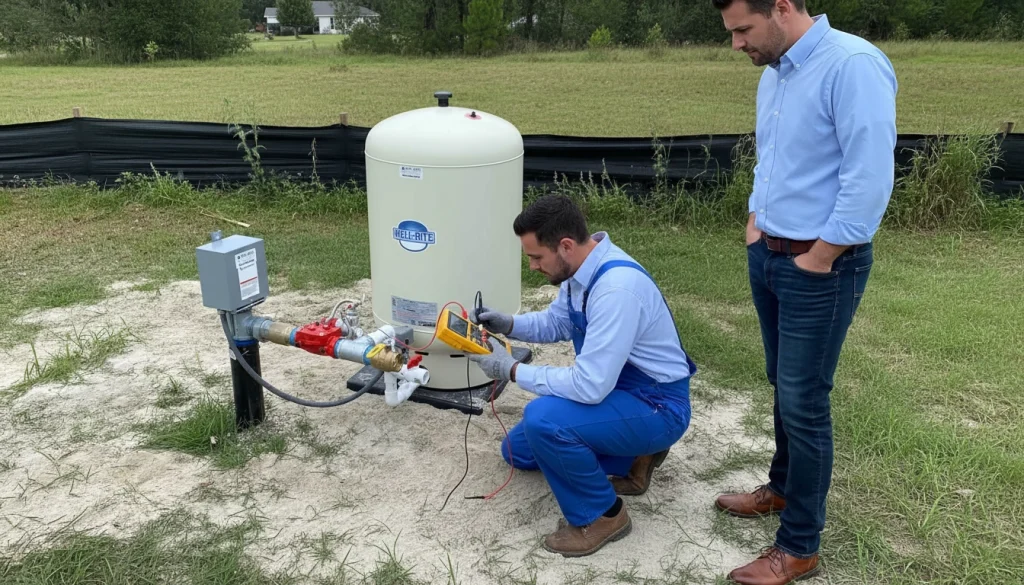 Well technician performing maintenance inspection on a backyard well system.