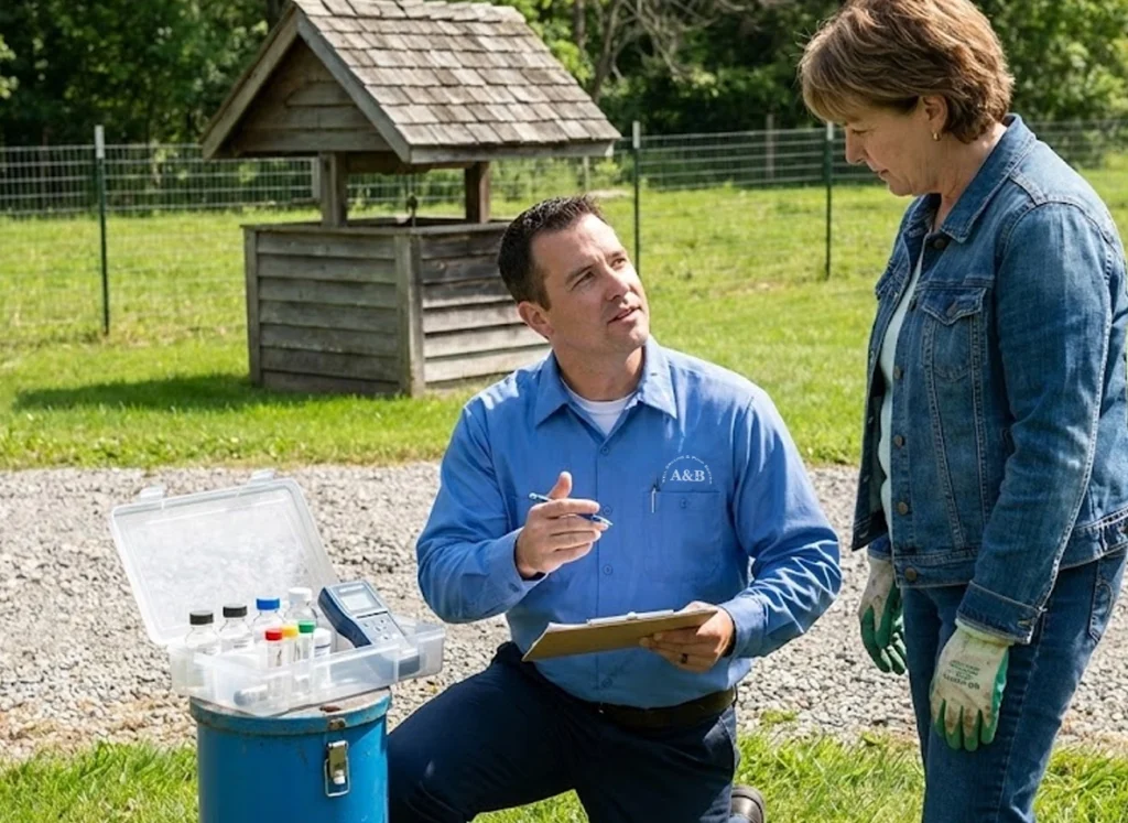 Well technician sampling residential well water with testing kit and meter in rural yard