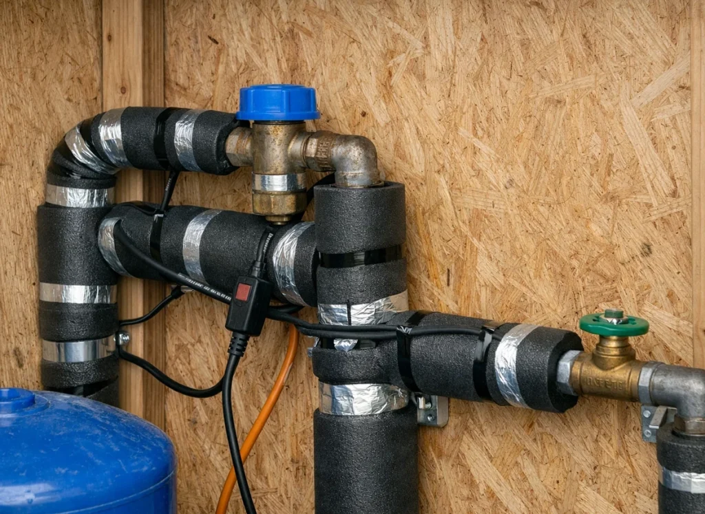 Insulated well pump house protecting plumbing during overnight freeze