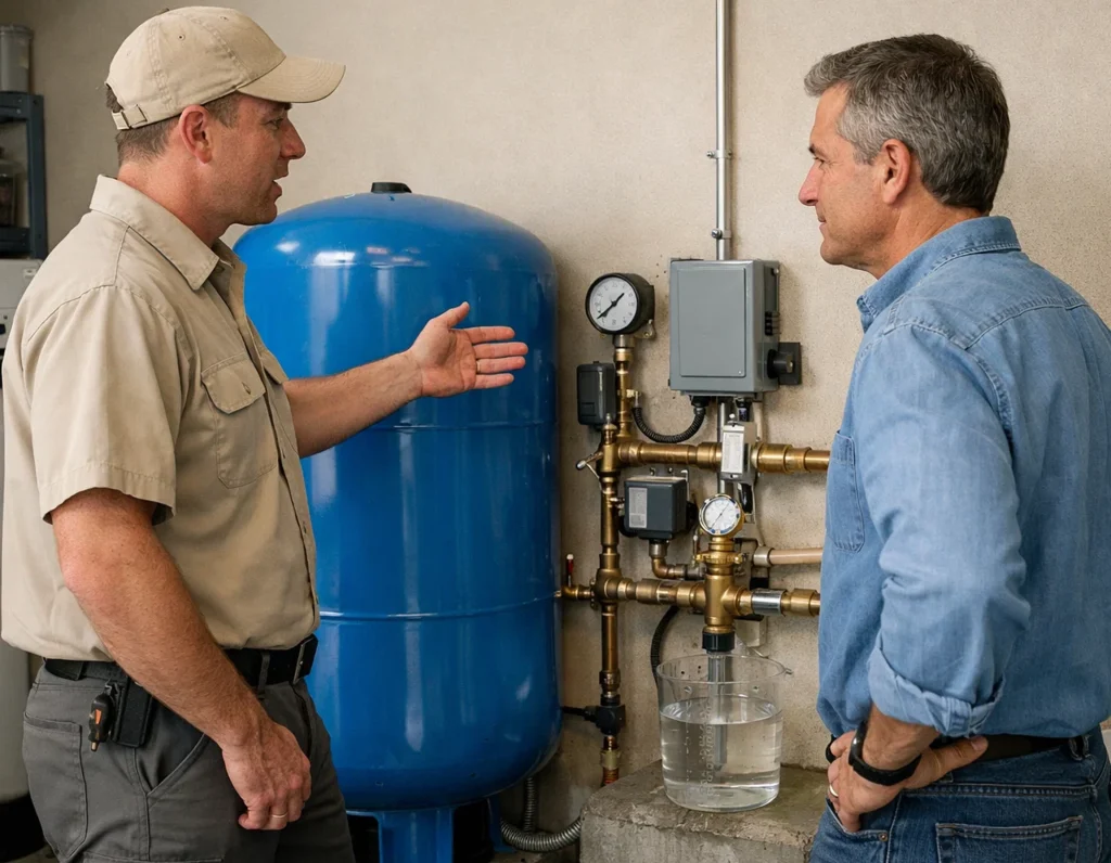Homeowner reviewing well pump warning signs with technician