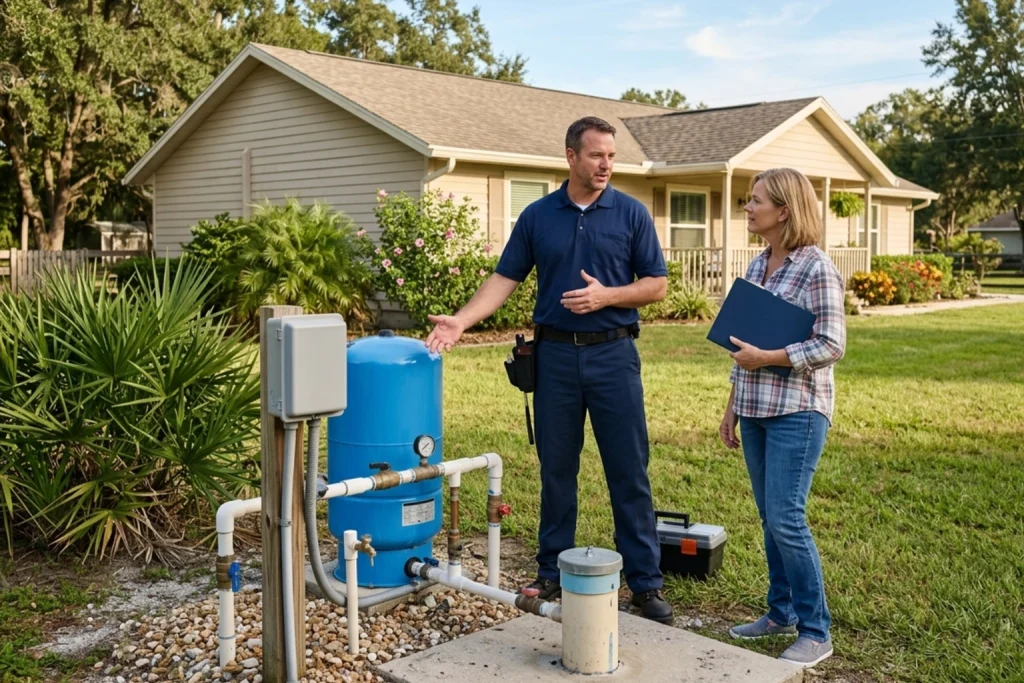 Homeowner discussing yearly well maintenance with technician