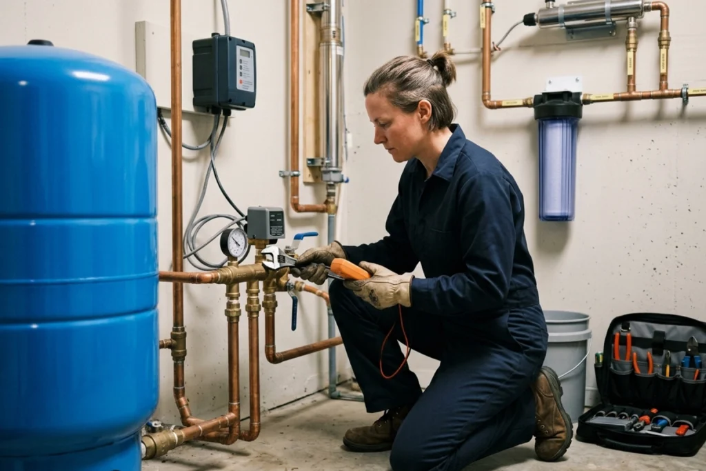Technician inspecting residential well and pump system