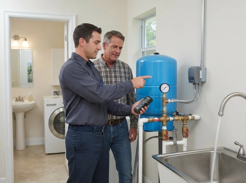 Lake City homeowner learning how a well pressure tank maintains water pressure