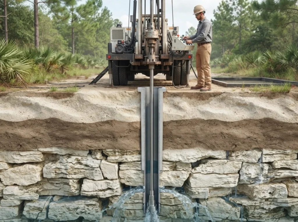 Cutaway view of water well drilling through North Florida geology
