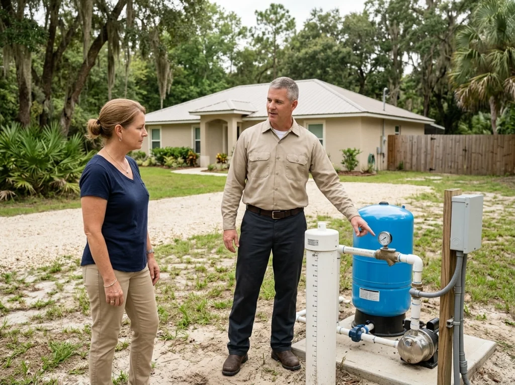 Lake City homeowner discussing private well service with licensed contractor