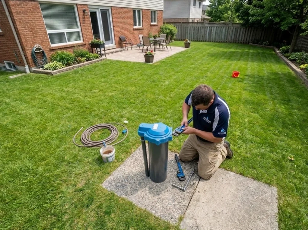 Oh well, technician working on a well head in residential backyard.